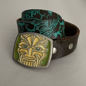 Vintage Reef Brown Leather Embossed Belt Lion Head Buckle Limited Edition 40"